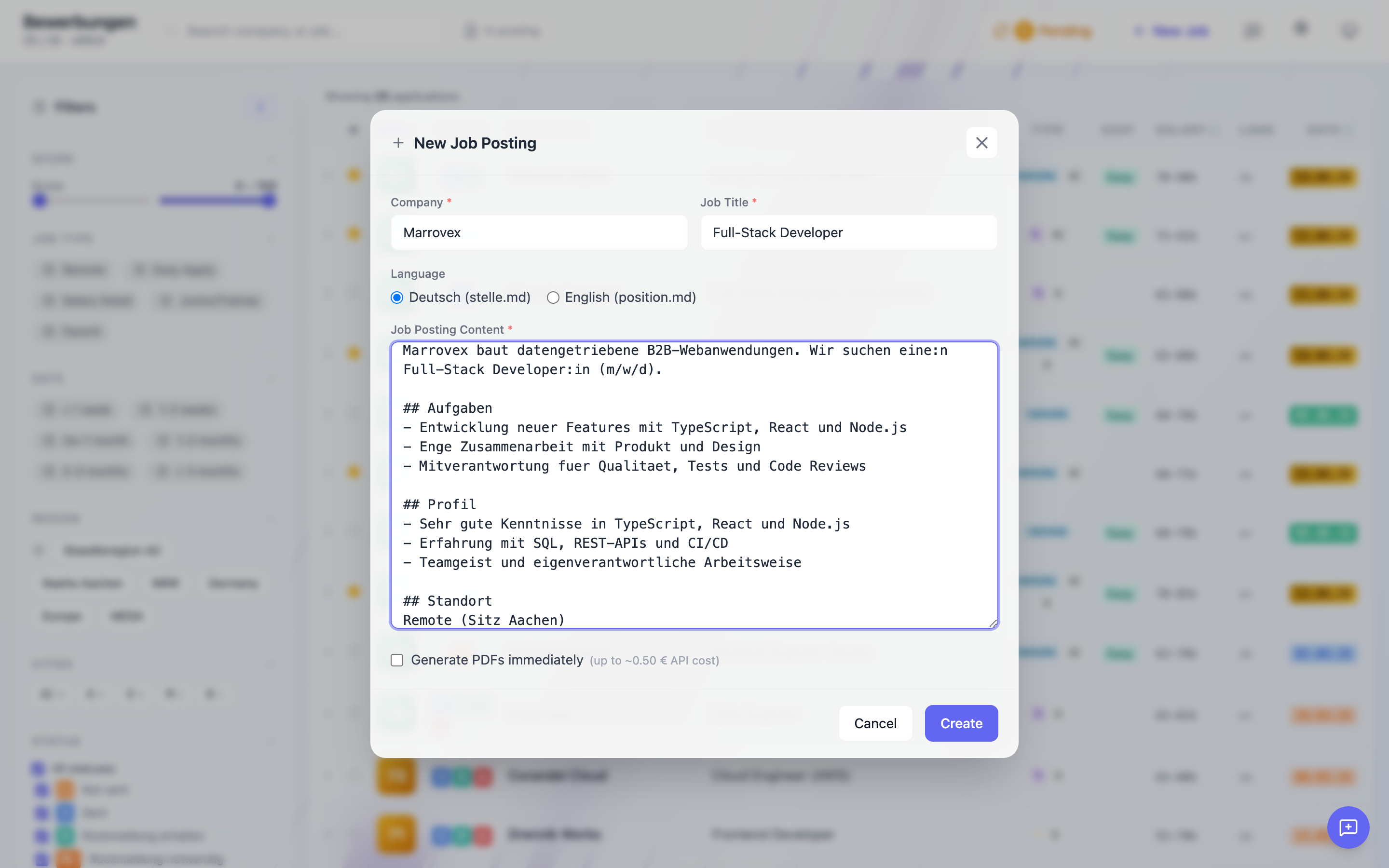 Modal zum Anlegen einer neuen Bewerbung