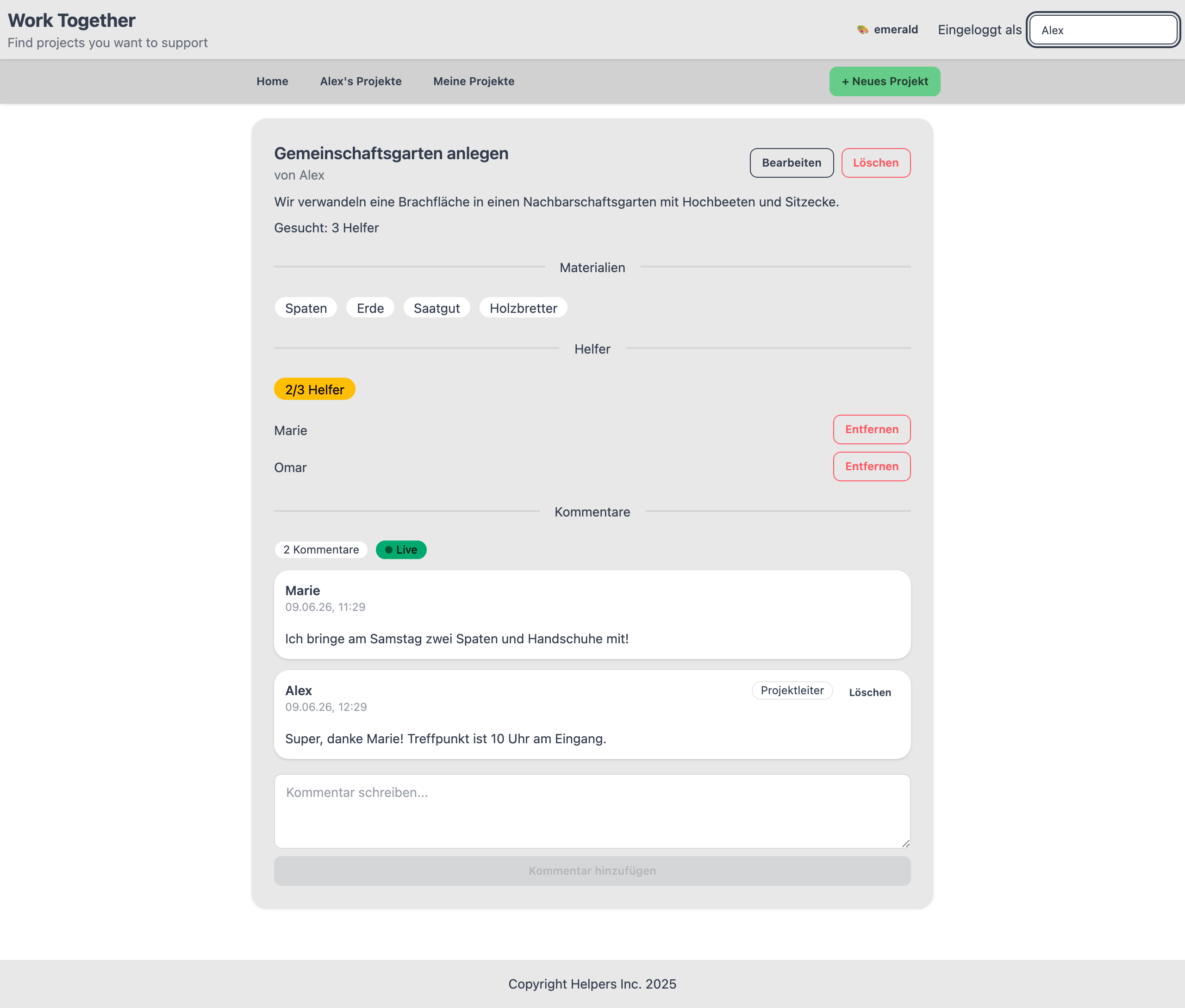 Projektdetailseite mit Eigentümer-Aktionen